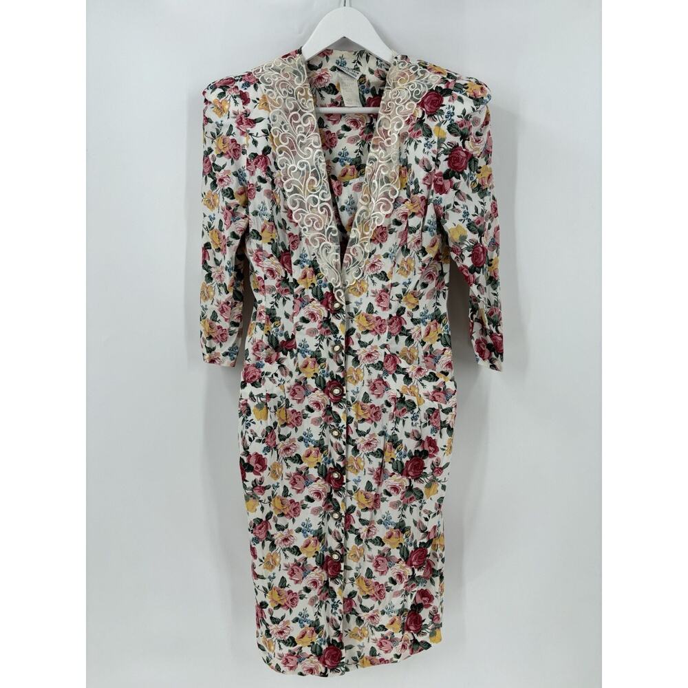 Atina Karon Crosby Vintage Dress Womens 8 White Floral 80s 90s Button Front Lace
